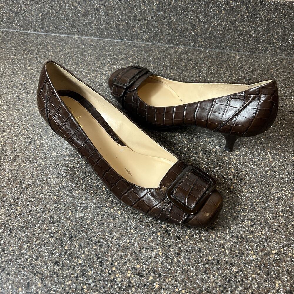 Women's Dark Brown Croc-Embossed Kitten Heel Pumps with Buckle